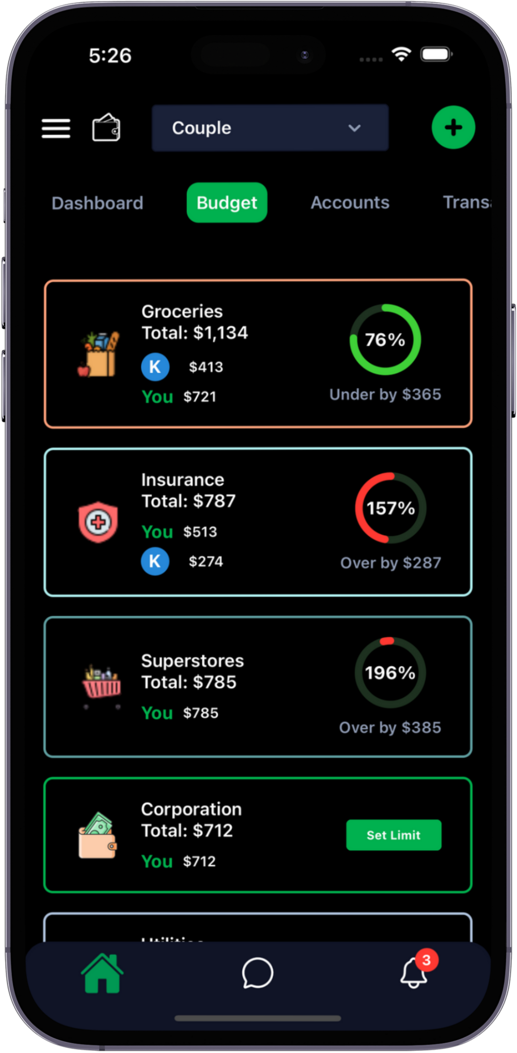 Compare your spending to your partner’s across categories for an instant financial breakdown.